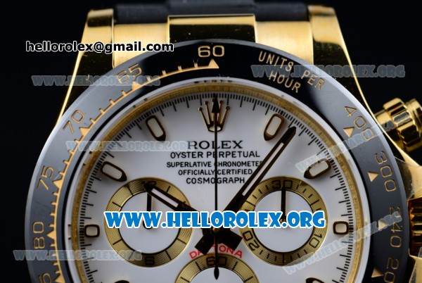 Rolex Daytona Chrono Clone Rolex 4130 Automatic Yellow Gold Case with White Dial Ceramic Bezel and Black Rubber Strap (EF) - Click Image to Close